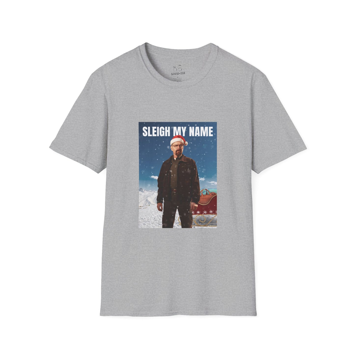 Walter White wearing a Santa hat with a sleigh full of blue meth bags and a leather money bag on a snowy background “Sleigh My Name” Christmas shirt design