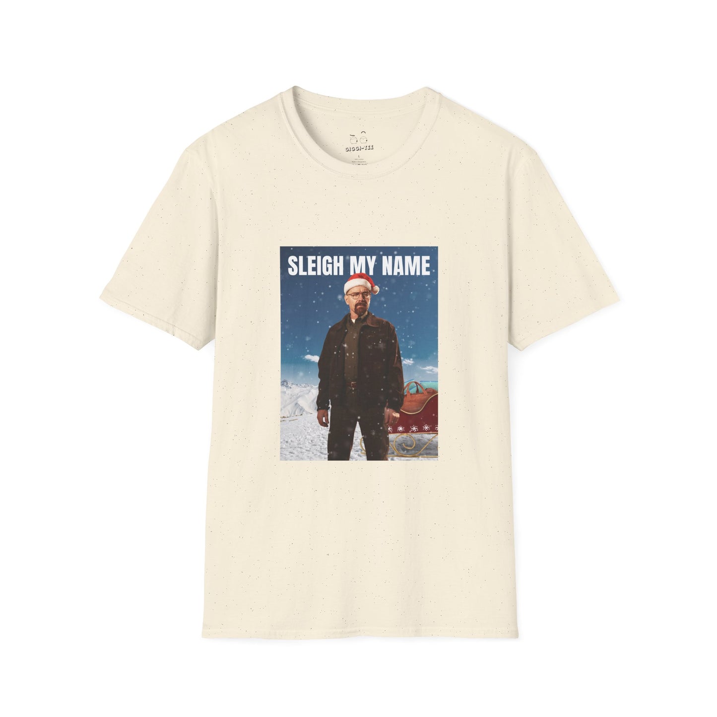 Walter White wearing a Santa hat with a sleigh full of blue meth bags and a leather money bag on a snowy background “Sleigh My Name” Christmas shirt design