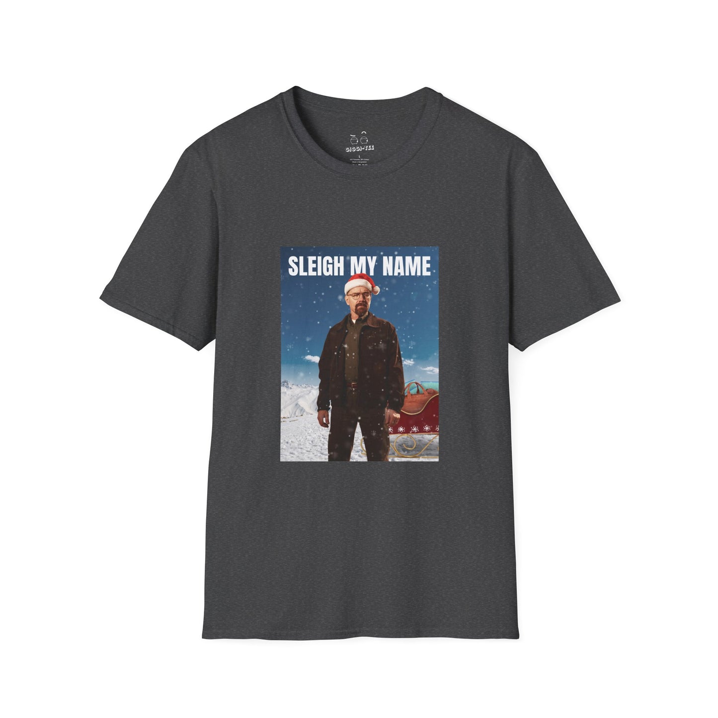 Walter White wearing a Santa hat with a sleigh full of blue meth bags and a leather money bag on a snowy background “Sleigh My Name” Christmas shirt design