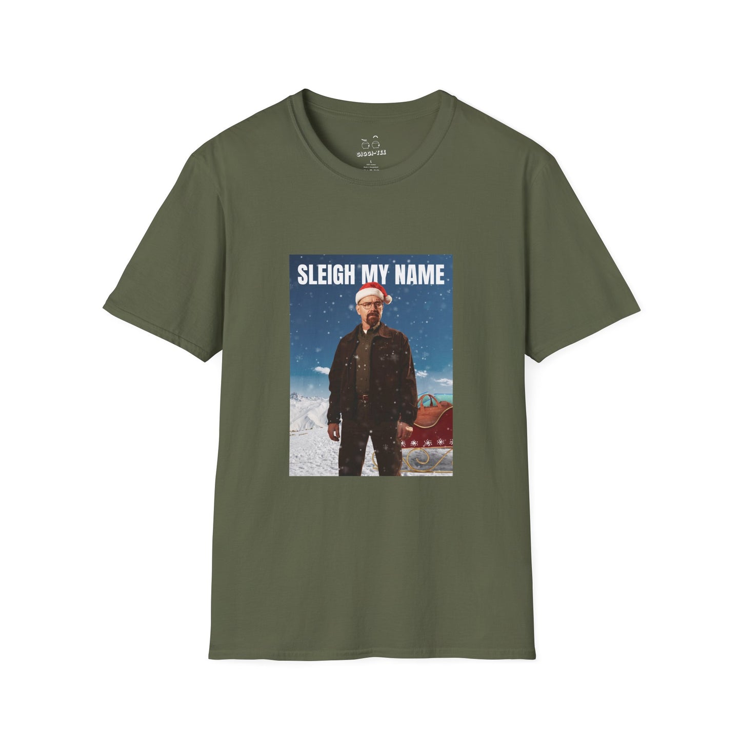 Walter White wearing a Santa hat with a sleigh full of blue meth bags and a leather money bag on a snowy background “Sleigh My Name” Christmas shirt design