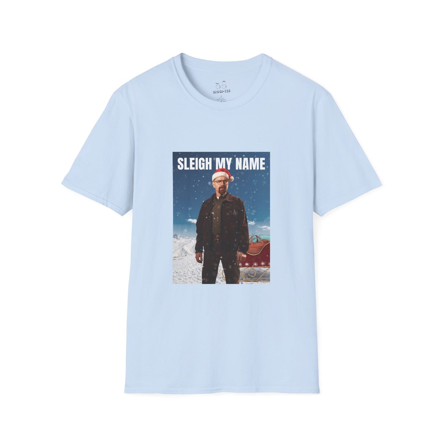 Walter White wearing a Santa hat with a sleigh full of blue meth bags and a leather money bag on a snowy background “Sleigh My Name” Christmas shirt design