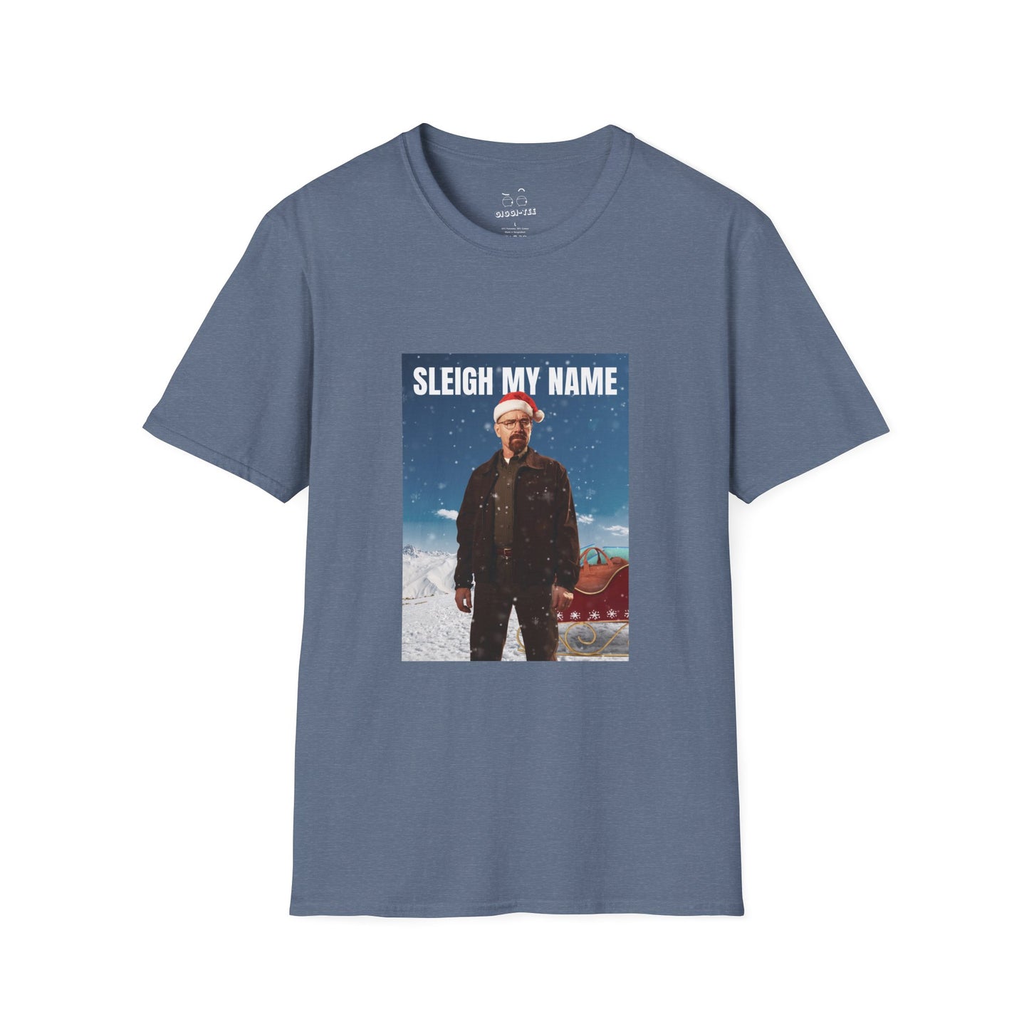 Walter White wearing a Santa hat with a sleigh full of blue meth bags and a leather money bag on a snowy background “Sleigh My Name” Christmas shirt design