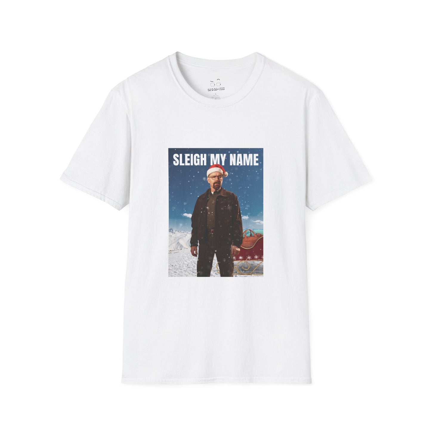 Walter White wearing a Santa hat with a sleigh full of blue meth bags and a leather money bag on a snowy background “Sleigh My Name” Christmas shirt design