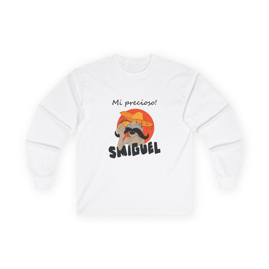 Illustration of Sméagol reimagined as a Mexican character called "Smiguel," wearing a sombrero, clutching a taco instead of the One Ring, with the phrase “mi precioso” in stylized lettering.