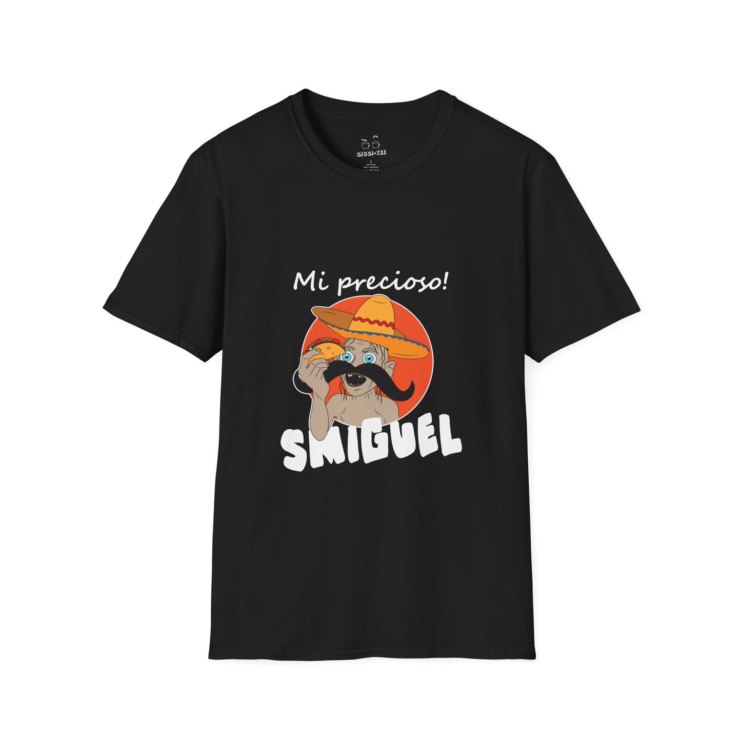 Illustration of Sméagol reimagined as a Mexican character called "Smiguel," wearing a sombrero, clutching a taco instead of the One Ring, with the phrase “mi precioso” in stylized lettering.