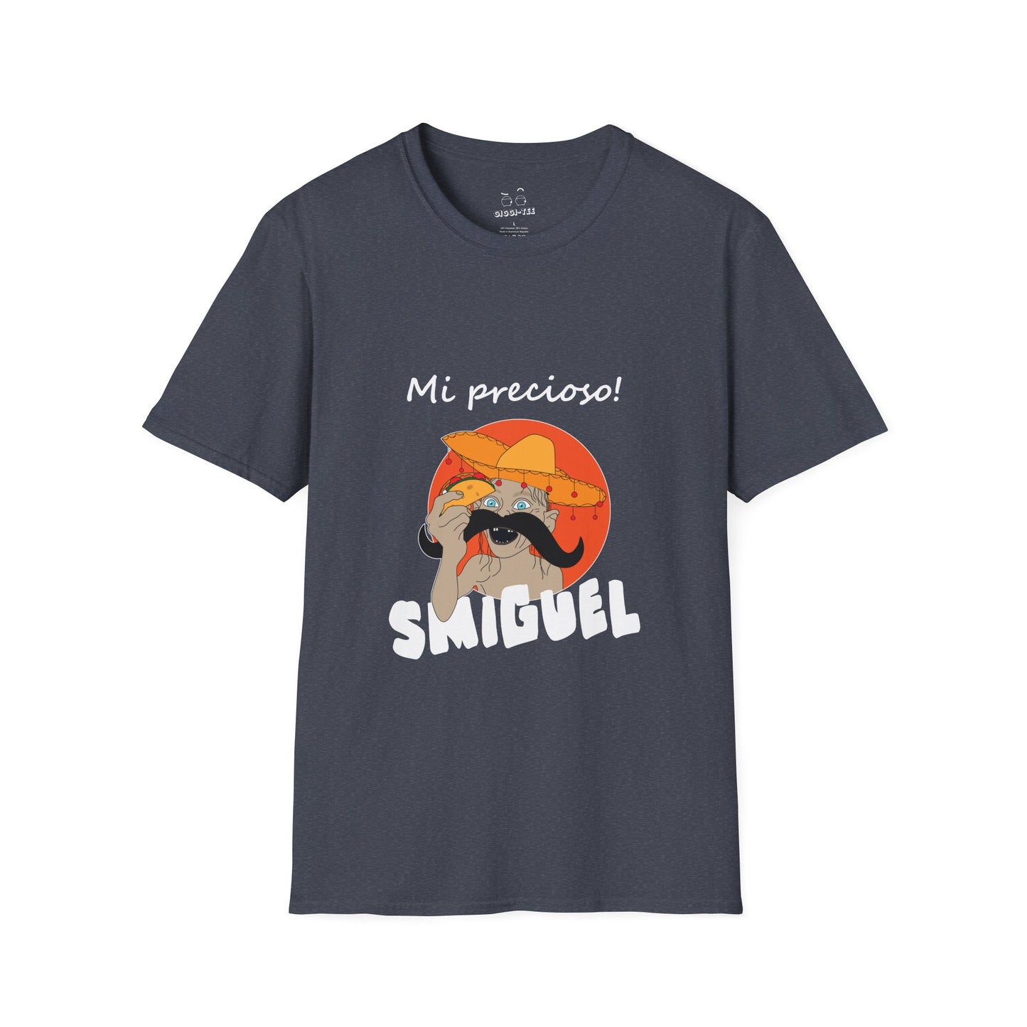 Illustration of Sméagol reimagined as a Mexican character called "Smiguel," wearing a sombrero, clutching a taco instead of the One Ring, with the phrase “mi precioso” in stylized lettering.