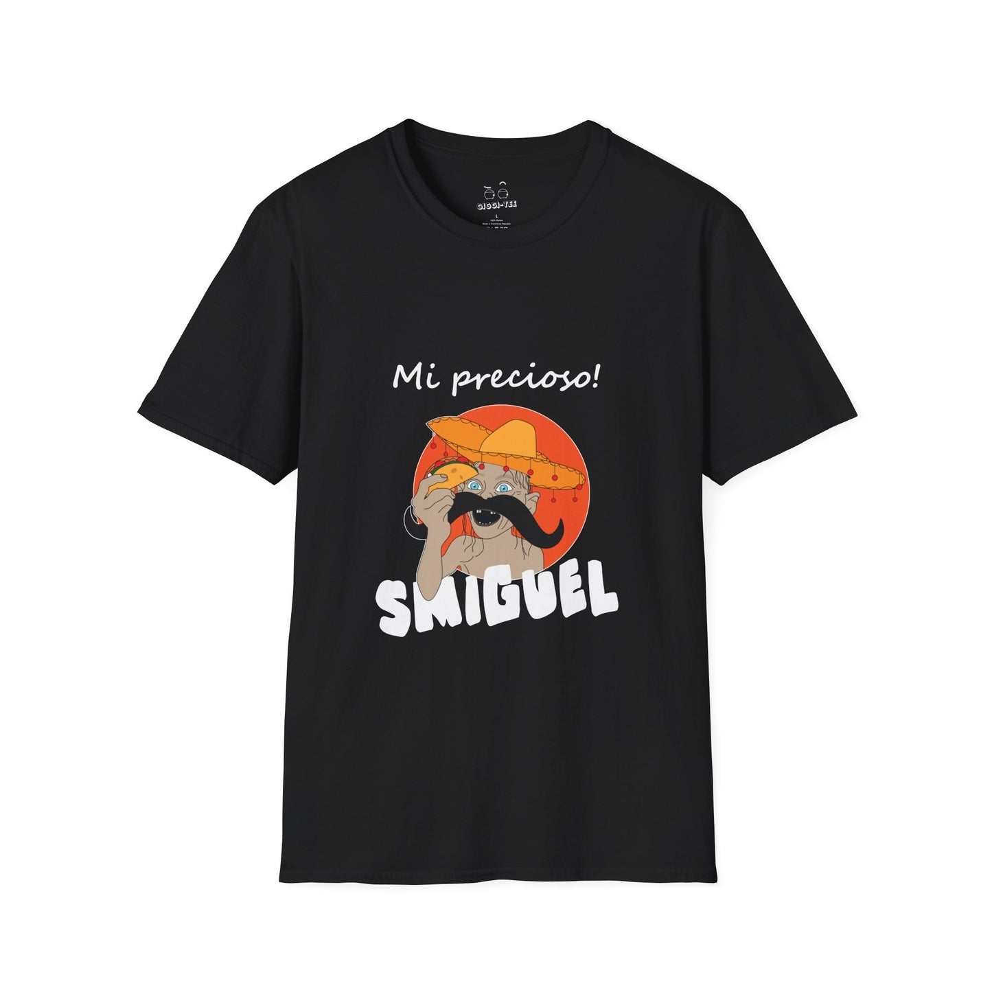 Illustration of Sméagol reimagined as a Mexican character called "Smiguel," wearing a sombrero, clutching a taco instead of the One Ring, with the phrase “mi precioso” in stylized lettering.
