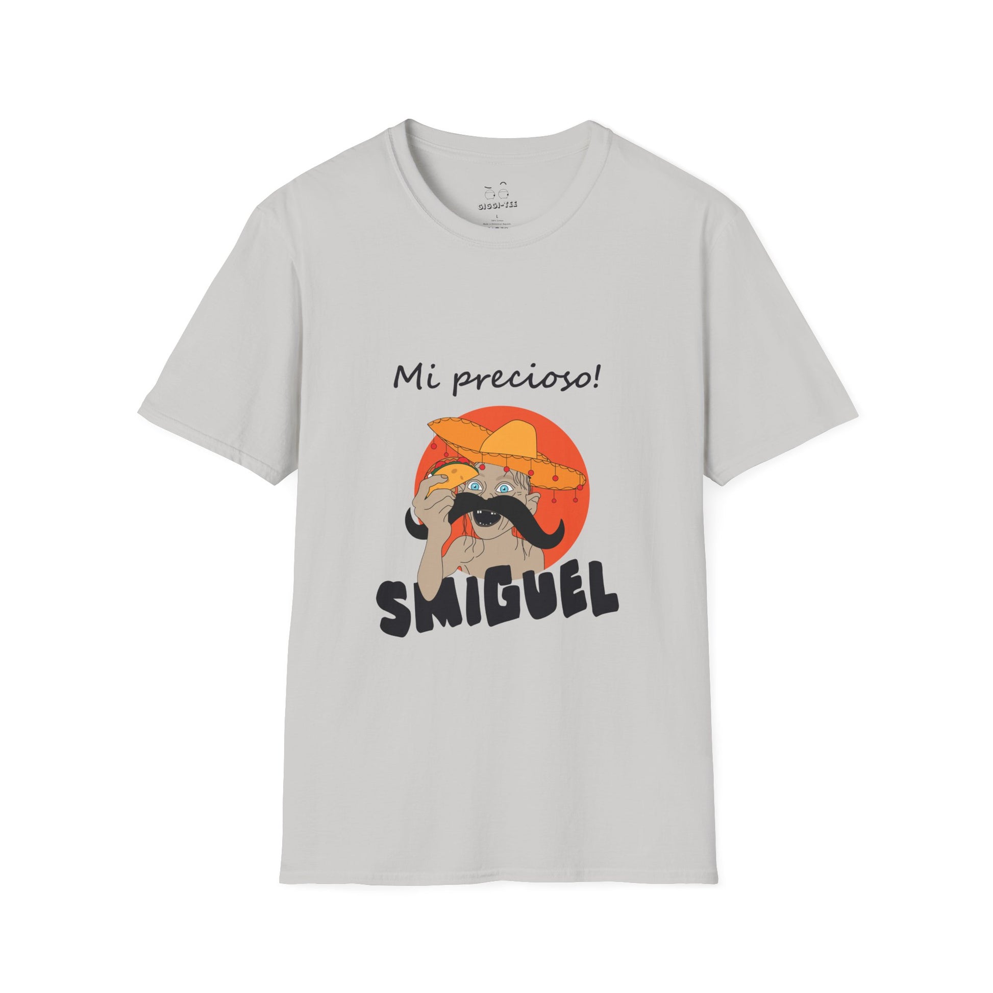 Illustration of Sméagol reimagined as a Mexican character called "Smiguel," wearing a sombrero, clutching a taco instead of the One Ring, with the phrase “mi precioso” in stylized lettering.