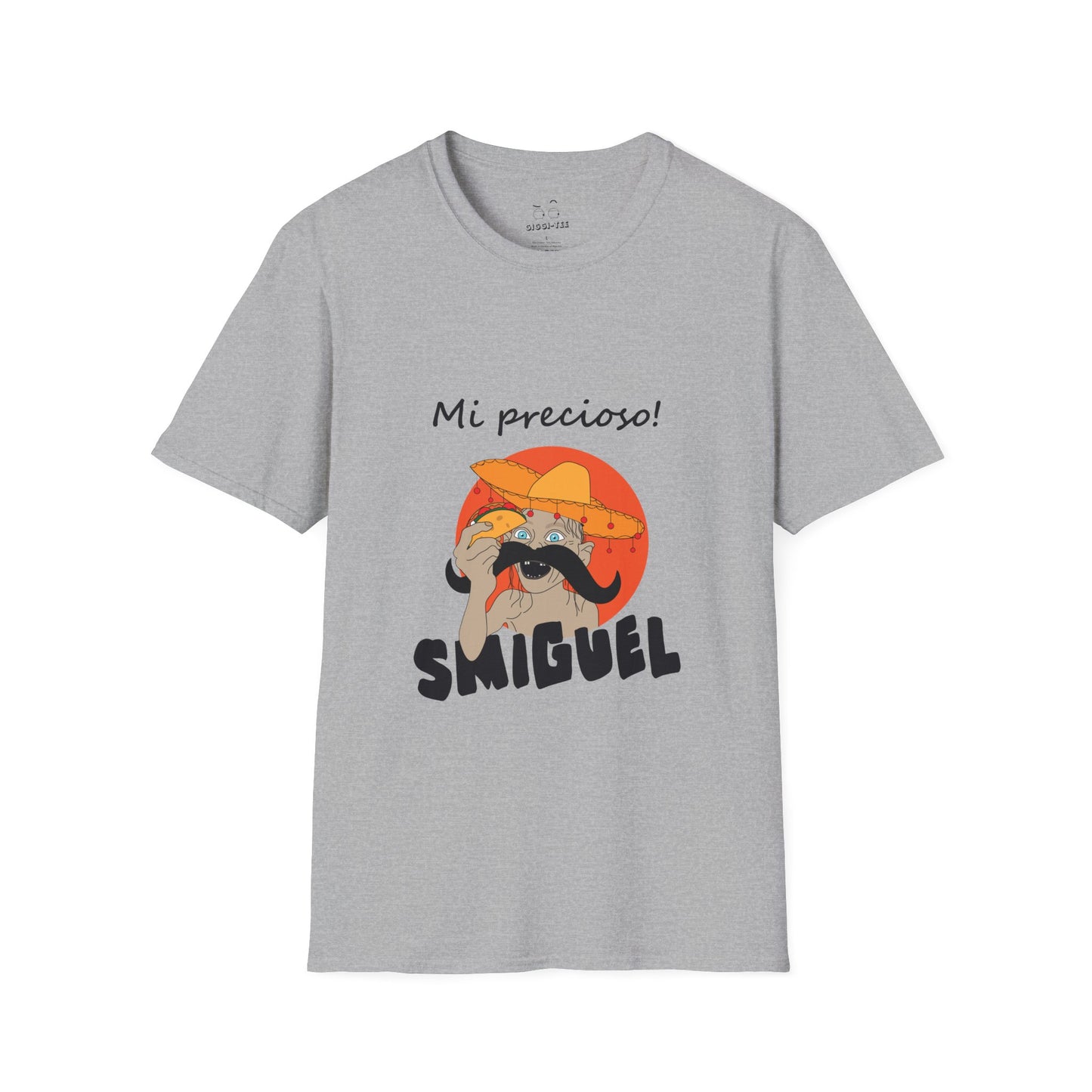 Illustration of Sméagol reimagined as a Mexican character called "Smiguel," wearing a sombrero, clutching a taco instead of the One Ring, with the phrase “mi precioso” in stylized lettering.