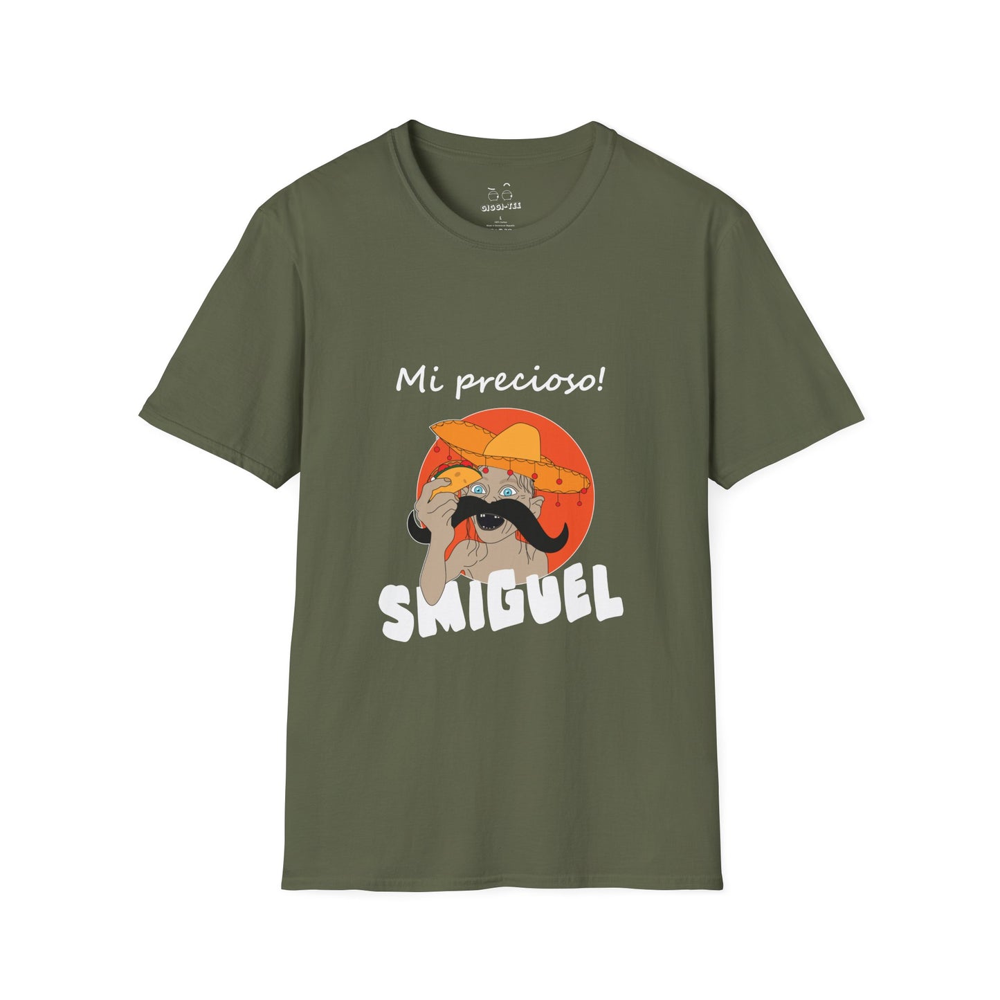 Illustration of Sméagol reimagined as a Mexican character called "Smiguel," wearing a sombrero, clutching a taco instead of the One Ring, with the phrase “mi precioso” in stylized lettering.