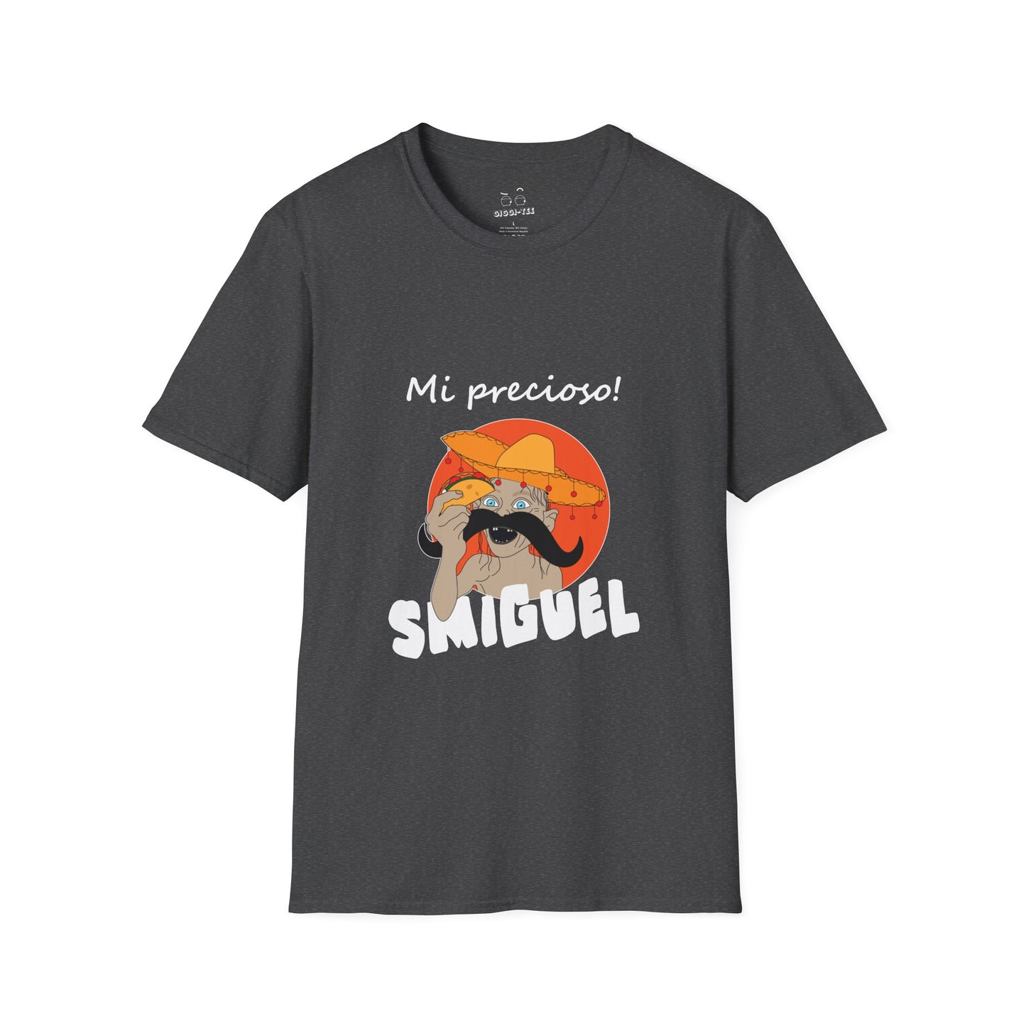 Illustration of Sméagol reimagined as a Mexican character called "Smiguel," wearing a sombrero, clutching a taco instead of the One Ring, with the phrase “mi precioso” in stylized lettering.