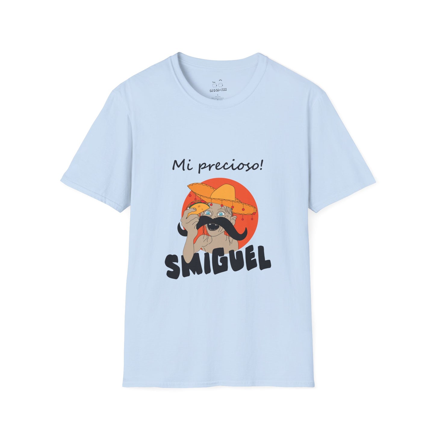 Illustration of Sméagol reimagined as a Mexican character called "Smiguel," wearing a sombrero, clutching a taco instead of the One Ring, with the phrase “mi precioso” in stylized lettering.