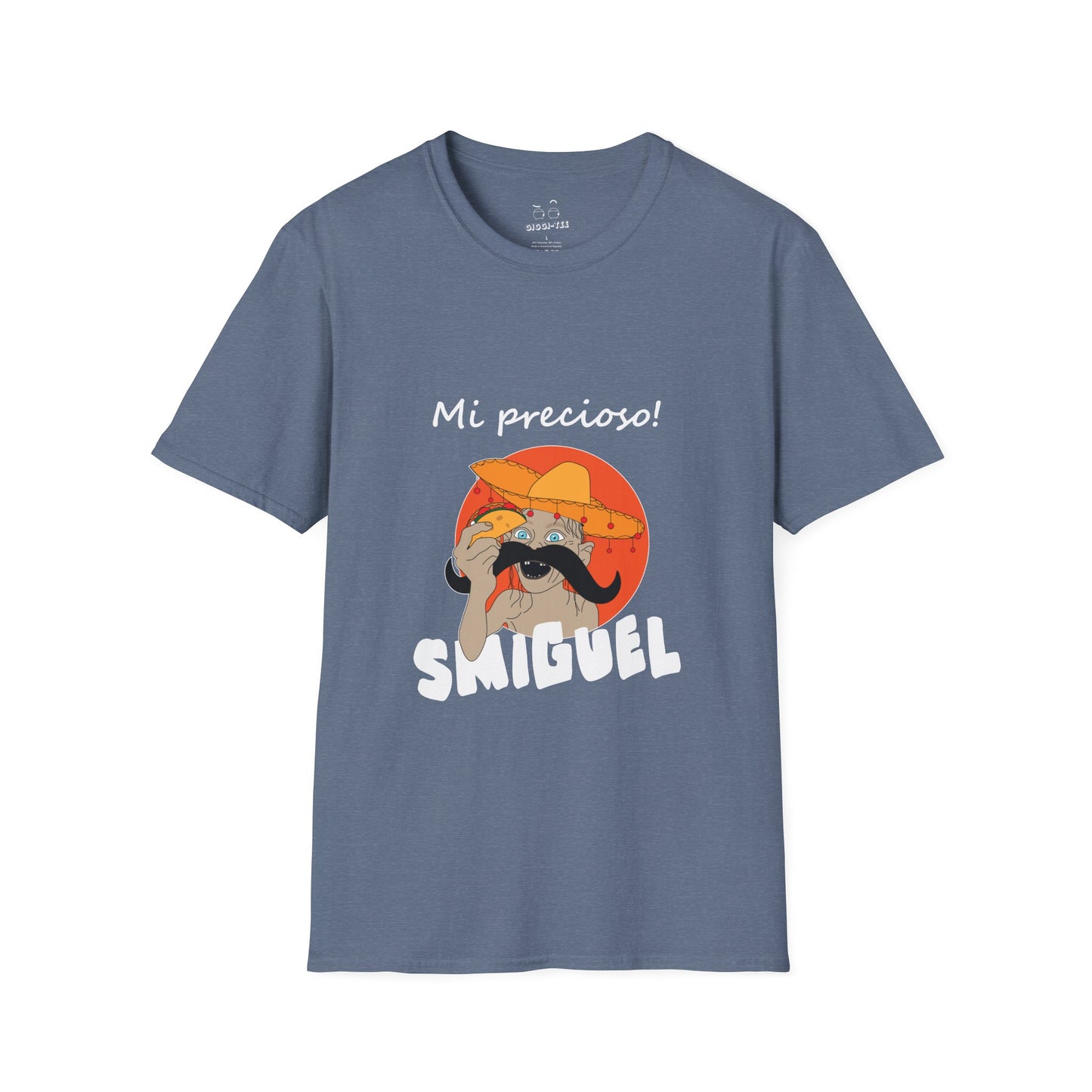 Illustration of Sméagol reimagined as a Mexican character called "Smiguel," wearing a sombrero, clutching a taco instead of the One Ring, with the phrase “mi precioso” in stylized lettering.