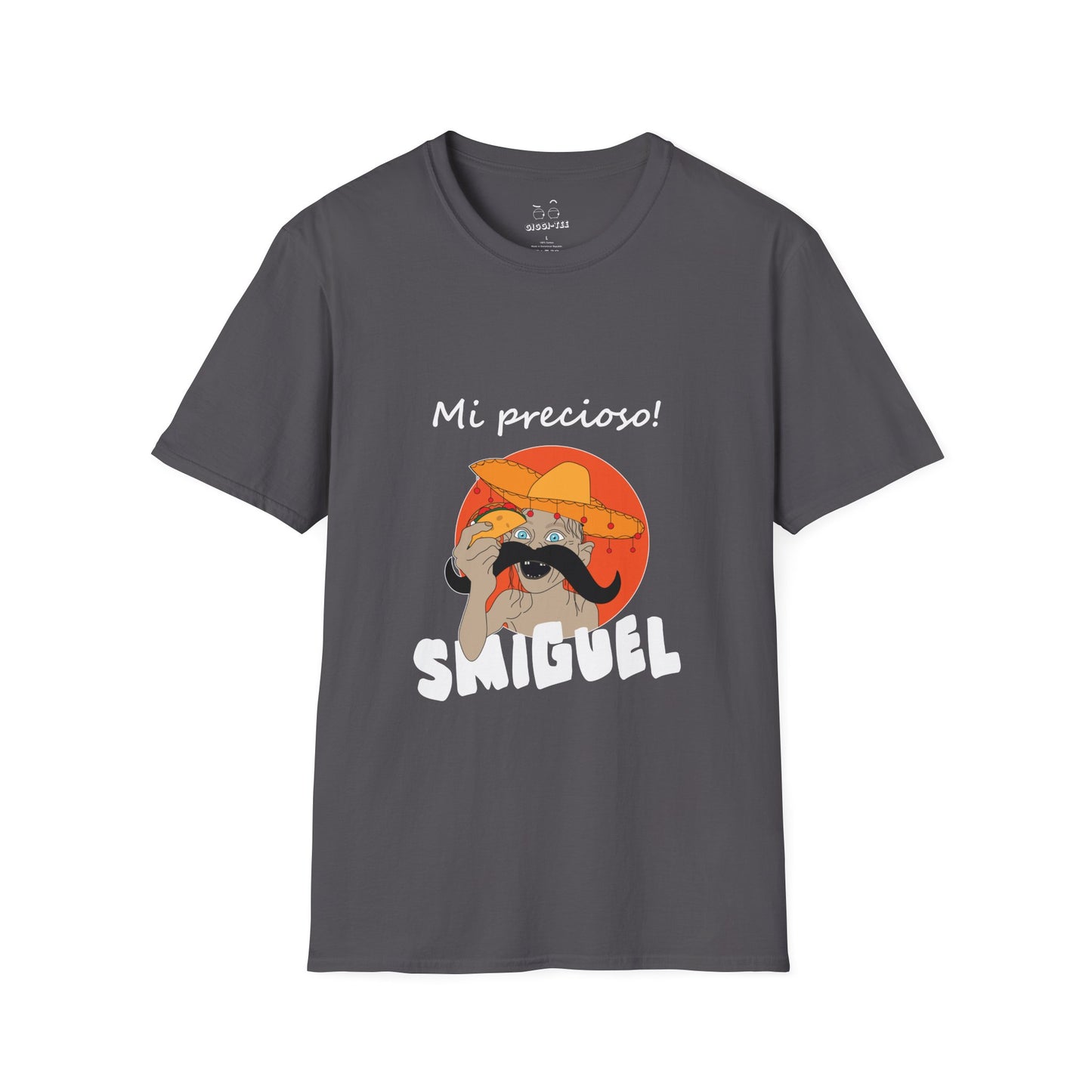 Illustration of Sméagol reimagined as a Mexican character called "Smiguel," wearing a sombrero, clutching a taco instead of the One Ring, with the phrase “mi precioso” in stylized lettering.