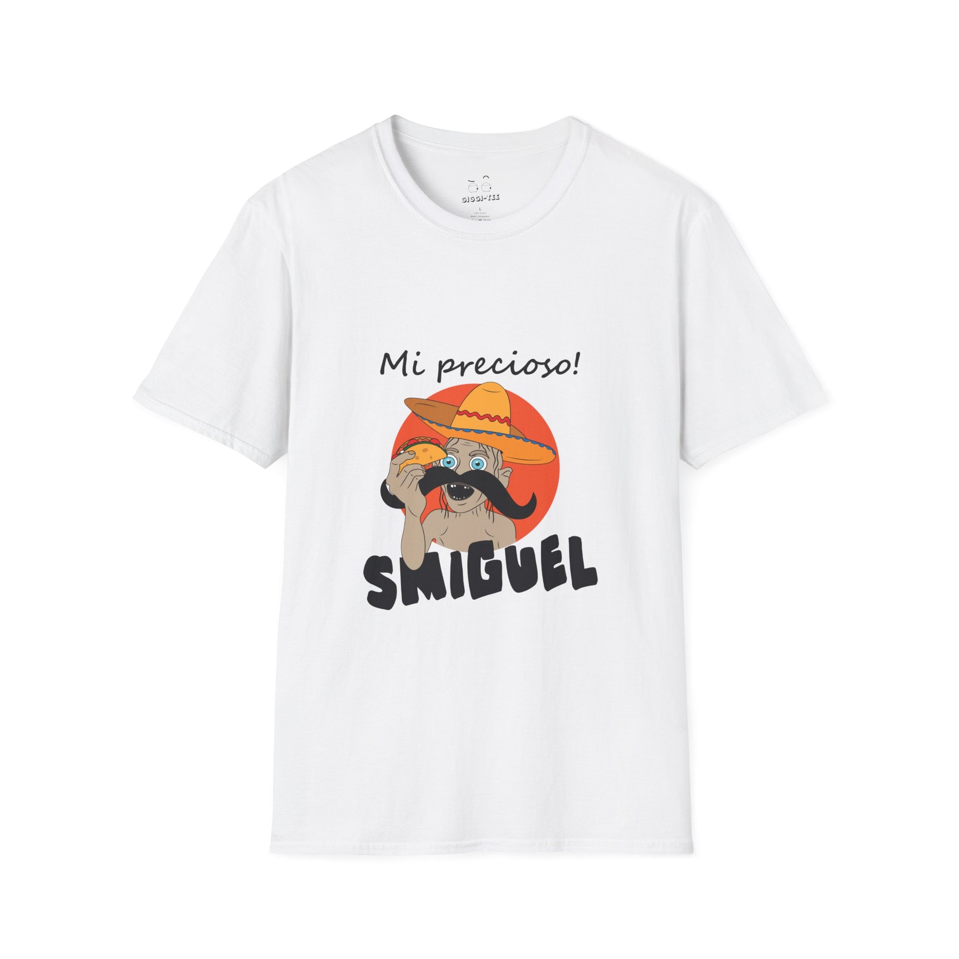 Illustration of Sméagol reimagined as a Mexican character called "Smiguel," wearing a sombrero, clutching a taco instead of the One Ring, with the phrase “mi precioso” in stylized lettering.