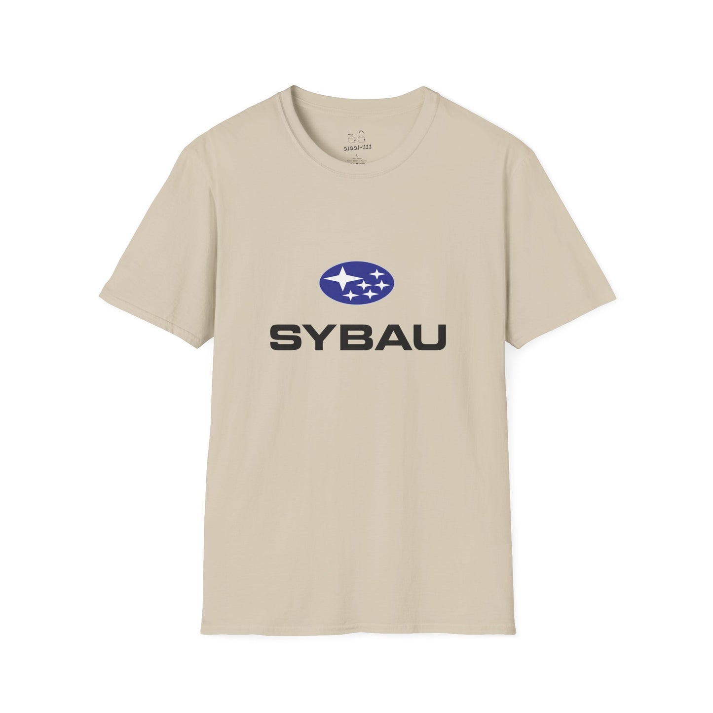 Parody Subaru logo t-shirt using SYBAU text slang design in oval star emblem style