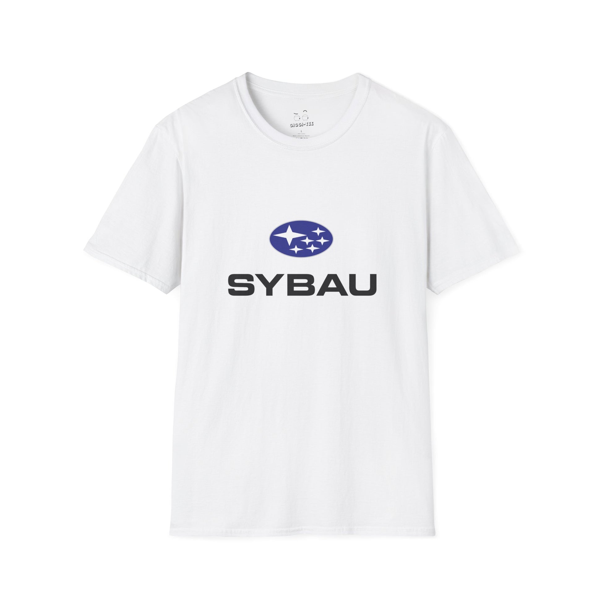 Parody Subaru logo t-shirt using SYBAU text slang design in oval star emblem style