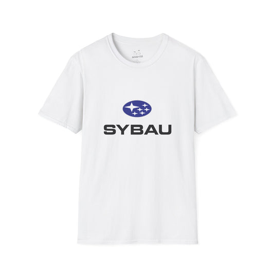 Parody Subaru logo t-shirt using SYBAU text slang design in oval star emblem style