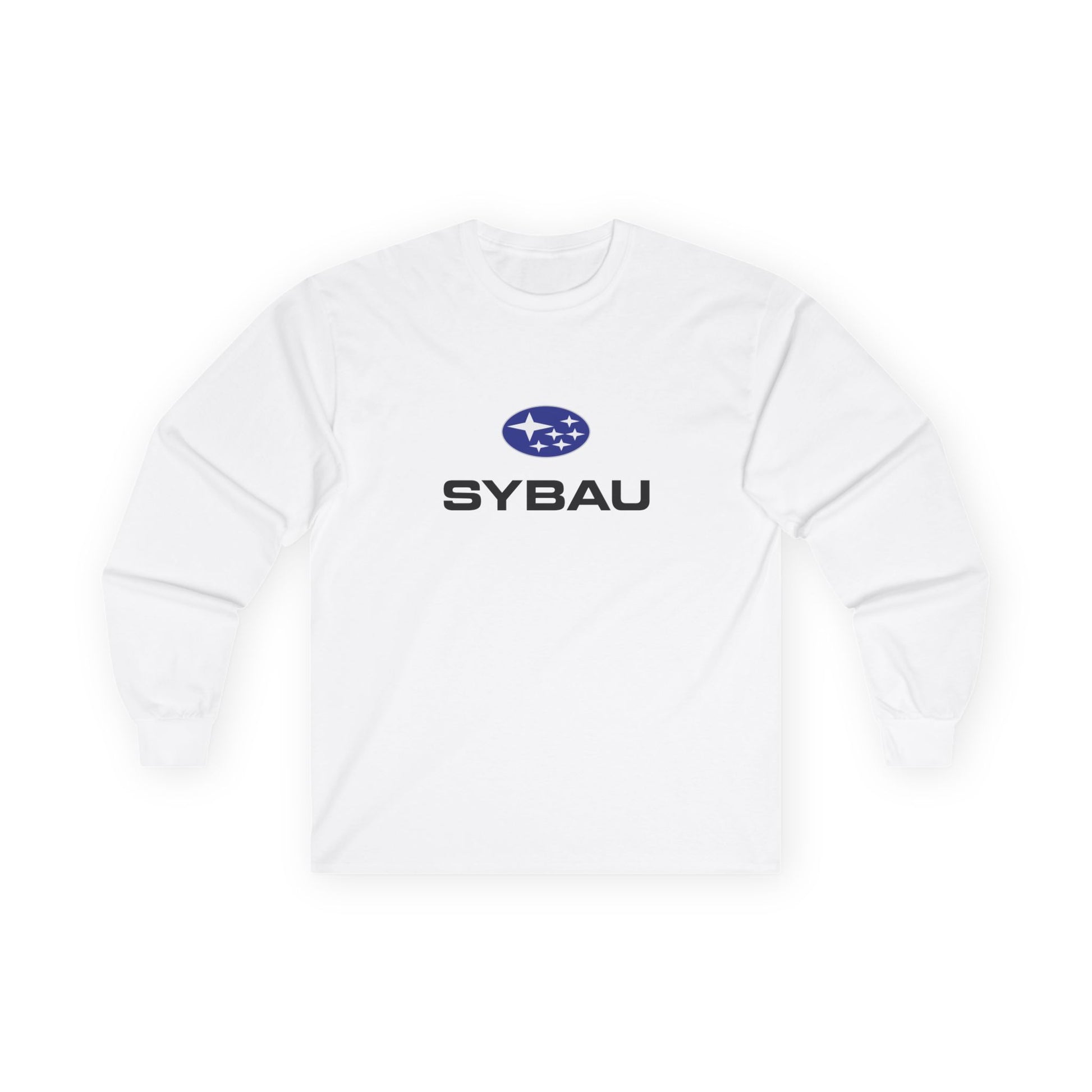 Parody Subaru logo t-shirt using SYBAU text slang design in oval star emblem style