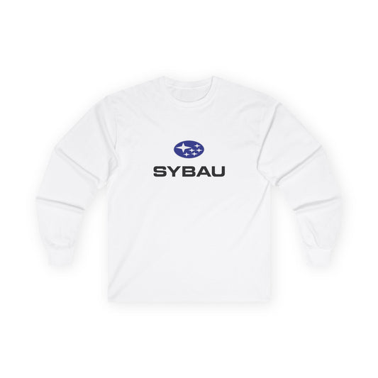 Parody Subaru logo t-shirt using SYBAU text slang design in oval star emblem style