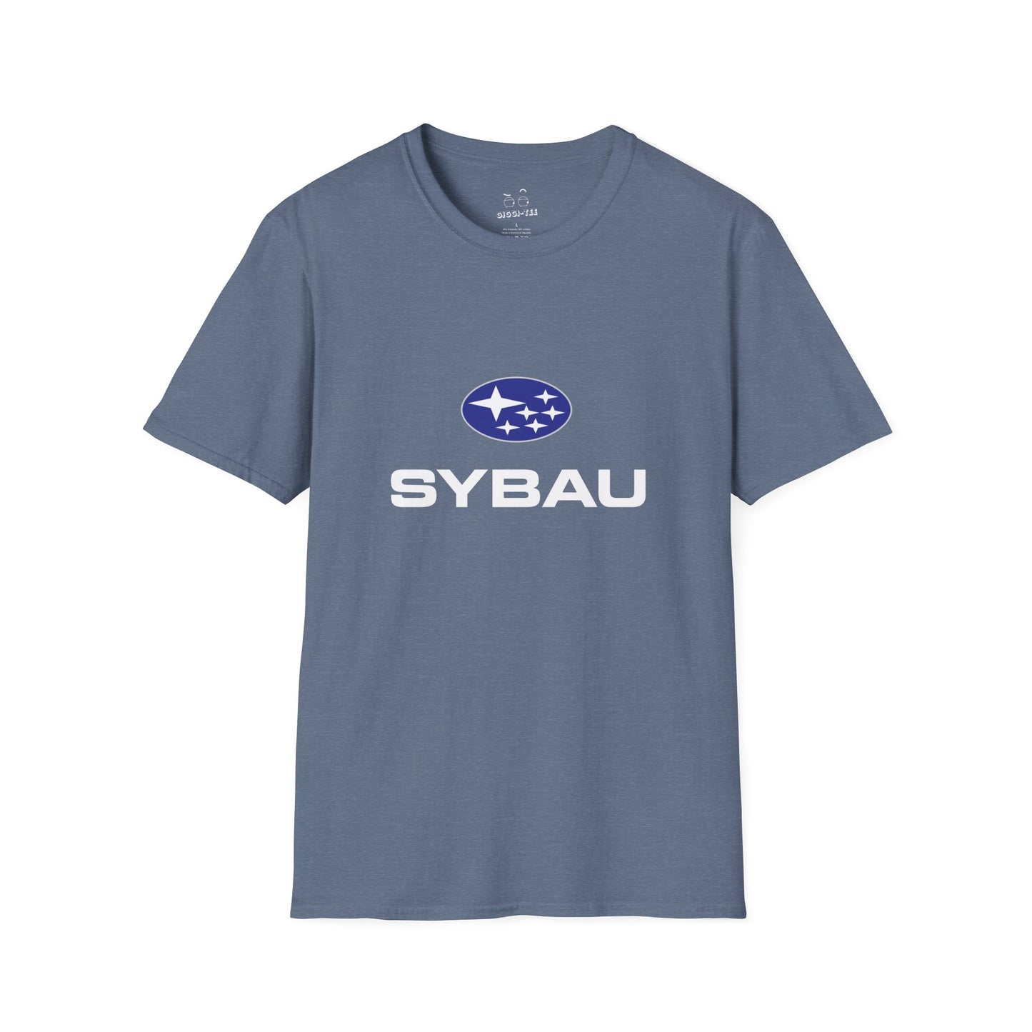 Parody Subaru logo t-shirt using SYBAU text slang design in oval star emblem style