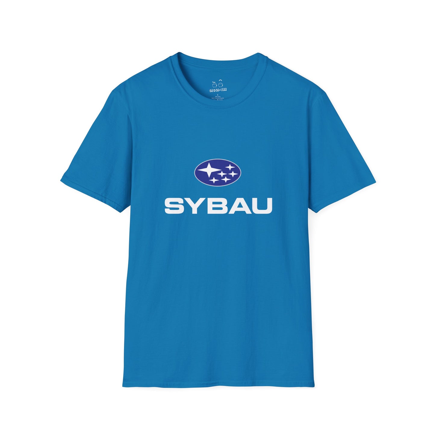 Parody Subaru logo t-shirt using SYBAU text slang design in oval star emblem style
