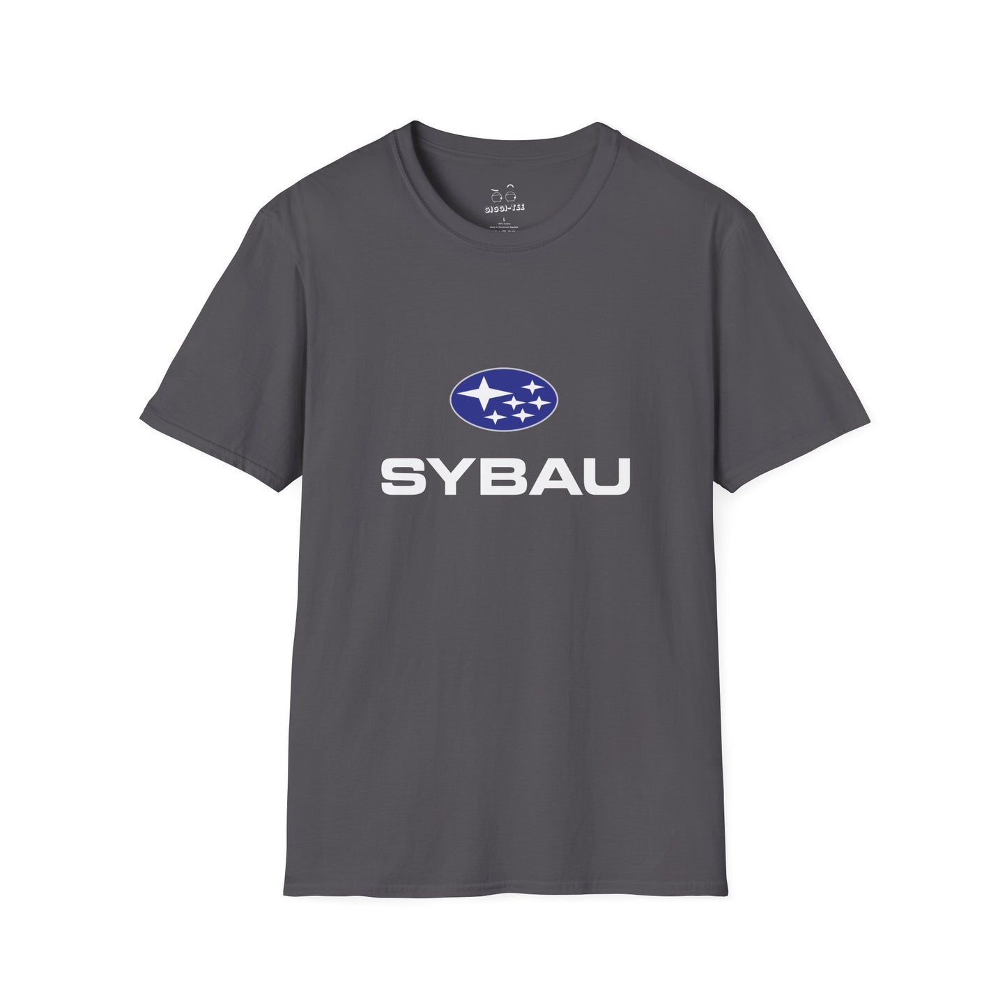 Parody Subaru logo t-shirt using SYBAU text slang design in oval star emblem style