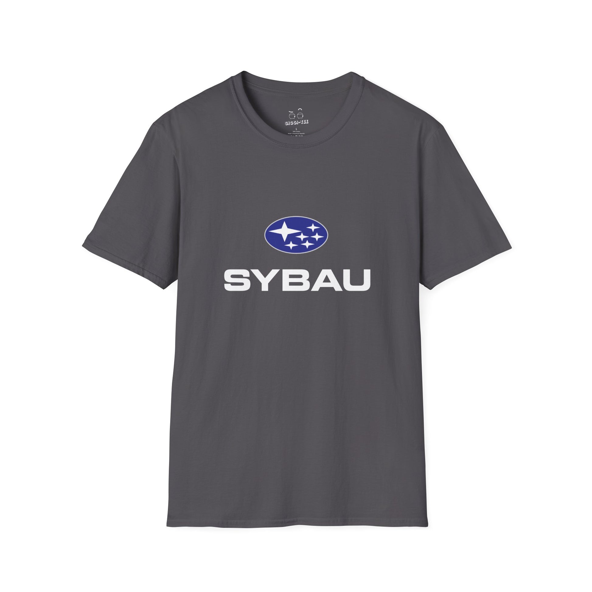 Parody Subaru logo t-shirt using SYBAU text slang design in oval star emblem style