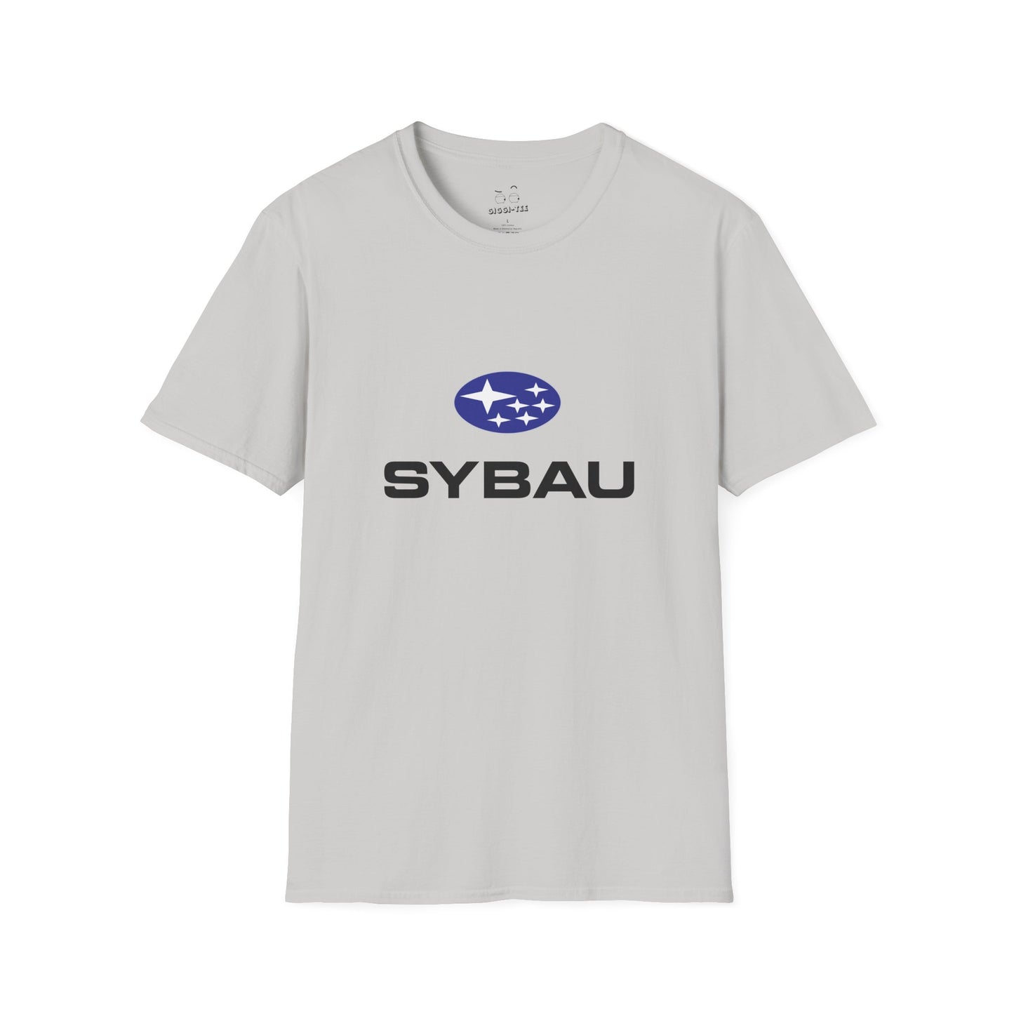 Parody Subaru logo t-shirt using SYBAU text slang design in oval star emblem style