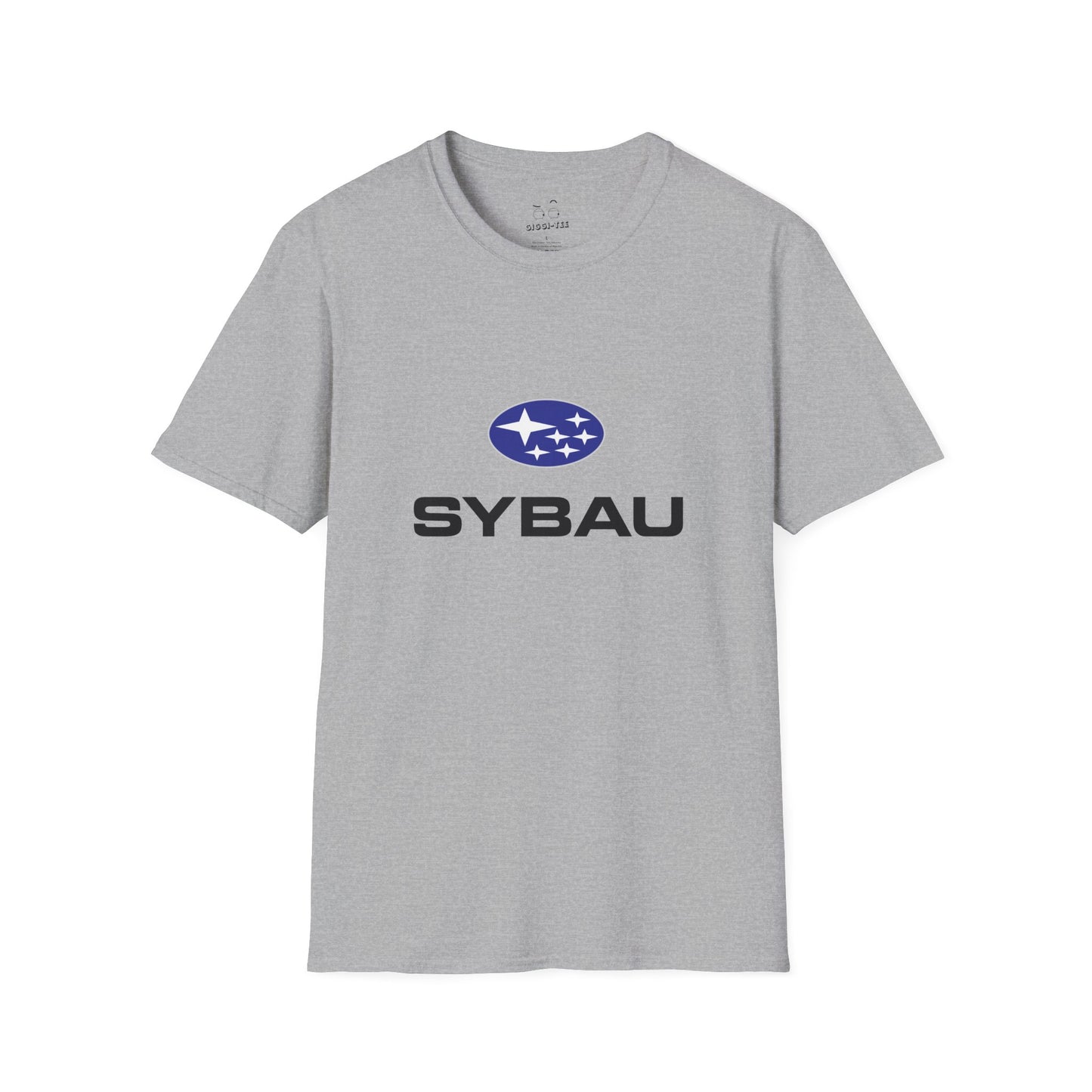 Parody Subaru logo t-shirt using SYBAU text slang design in oval star emblem style