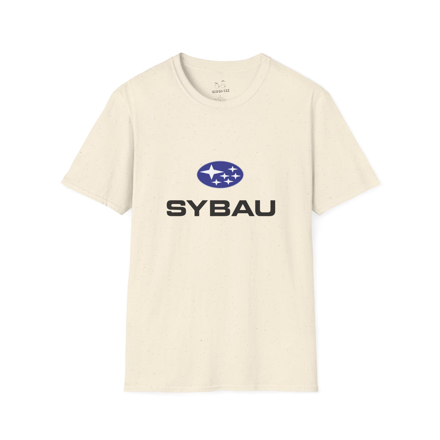 Parody Subaru logo t-shirt using SYBAU text slang design in oval star emblem style
