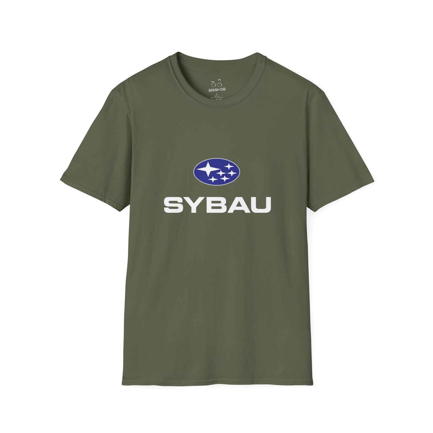 Parody Subaru logo t-shirt using SYBAU text slang design in oval star emblem style