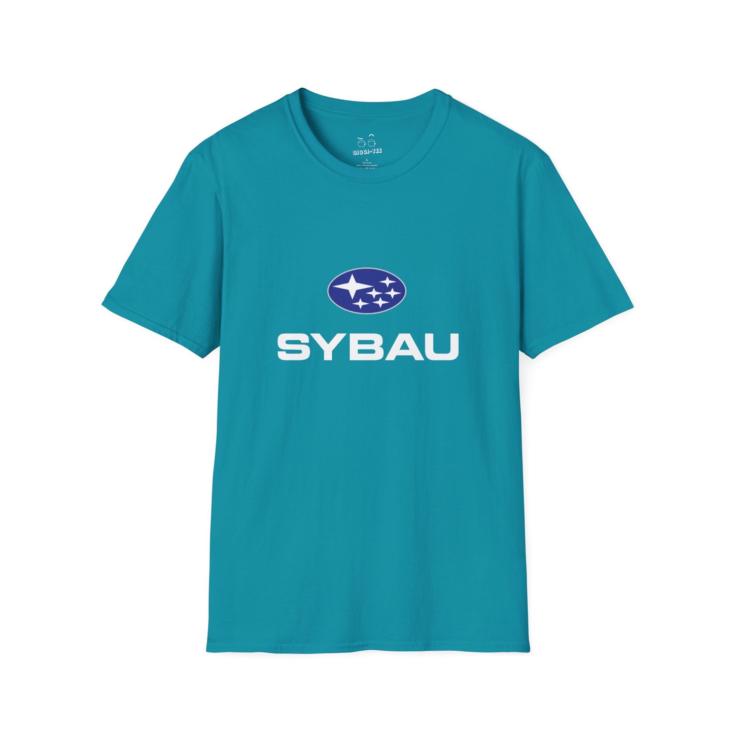 Parody Subaru logo t-shirt using SYBAU text slang design in oval star emblem style