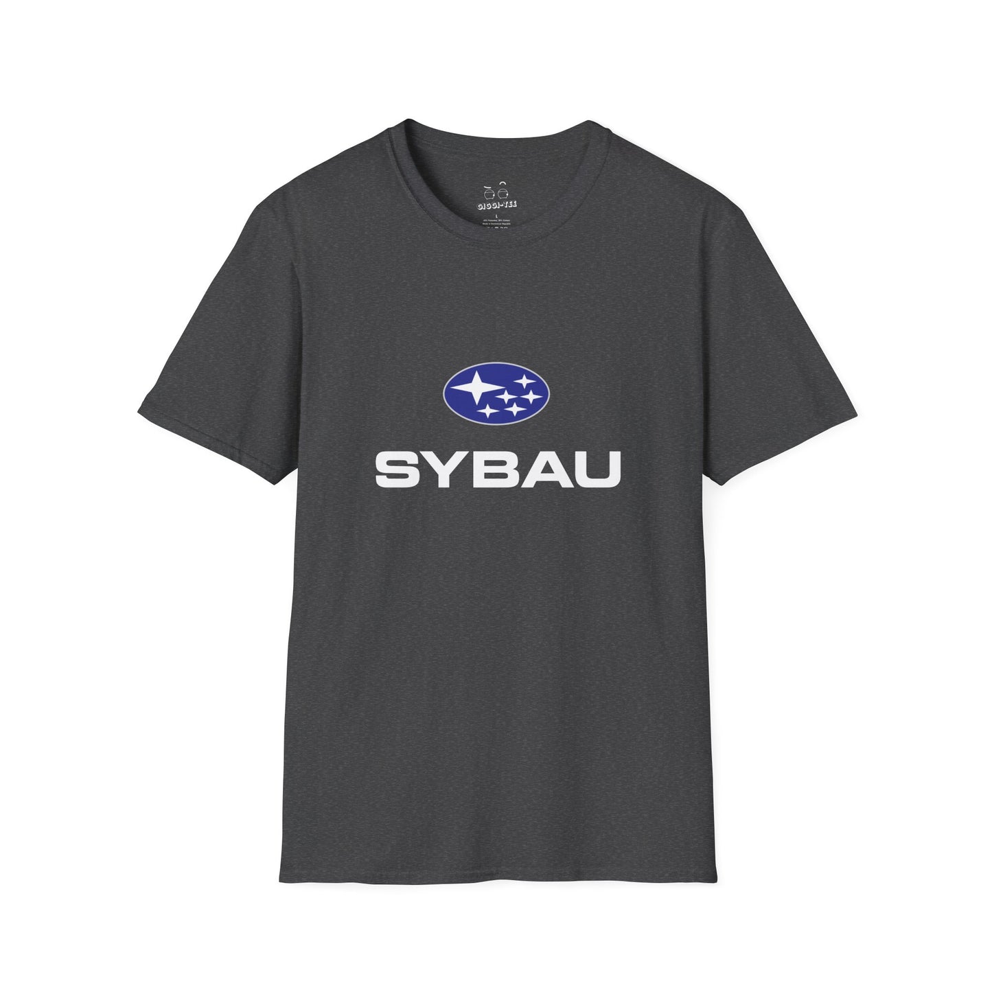 Parody Subaru logo t-shirt using SYBAU text slang design in oval star emblem style