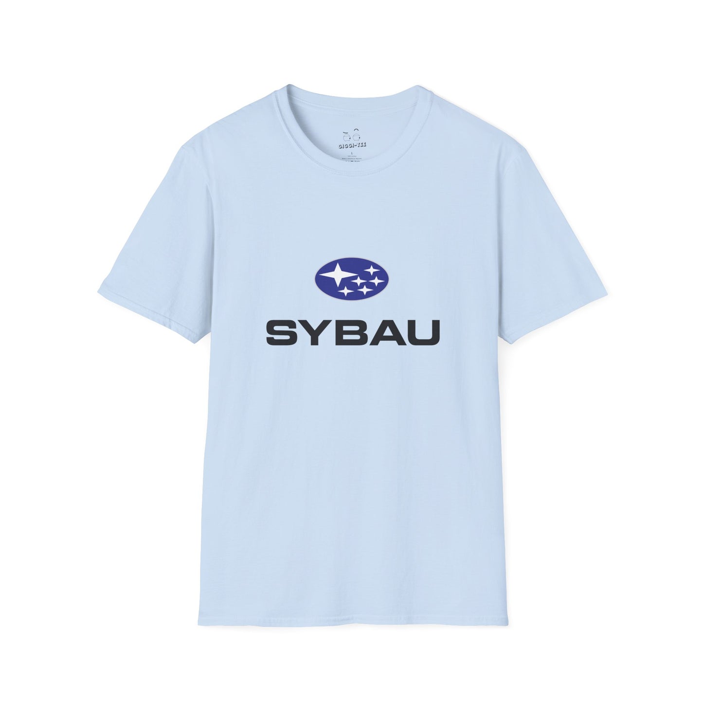 Parody Subaru logo t-shirt using SYBAU text slang design in oval star emblem style