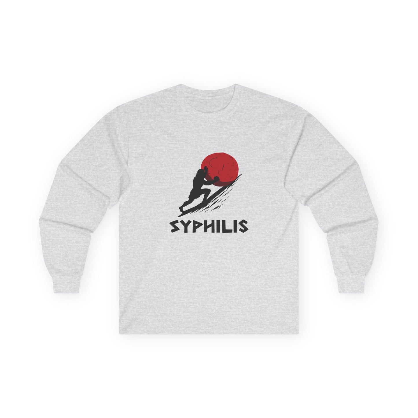 Greek god Sisyphus pushing a large rock up a steep hill in bold flat colors, minimalist vector art, humorous interpretation titled “Syphilis.”