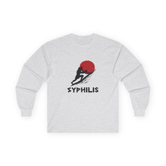 Greek god Sisyphus pushing a large rock up a steep hill in bold flat colors, minimalist vector art, humorous interpretation titled “Syphilis.”