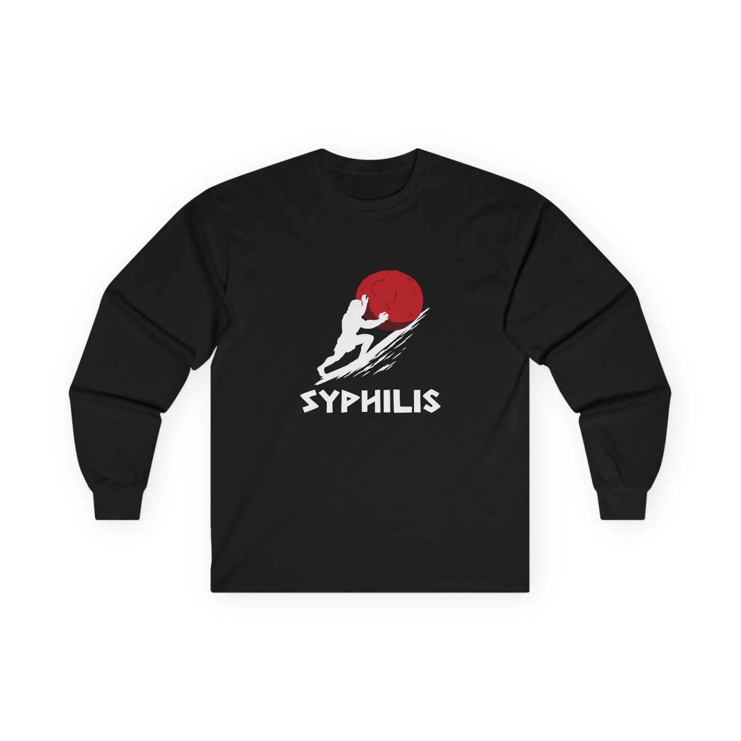 Greek god Sisyphus pushing a large rock up a steep hill in bold flat colors, minimalist vector art, humorous interpretation titled “Syphilis.”