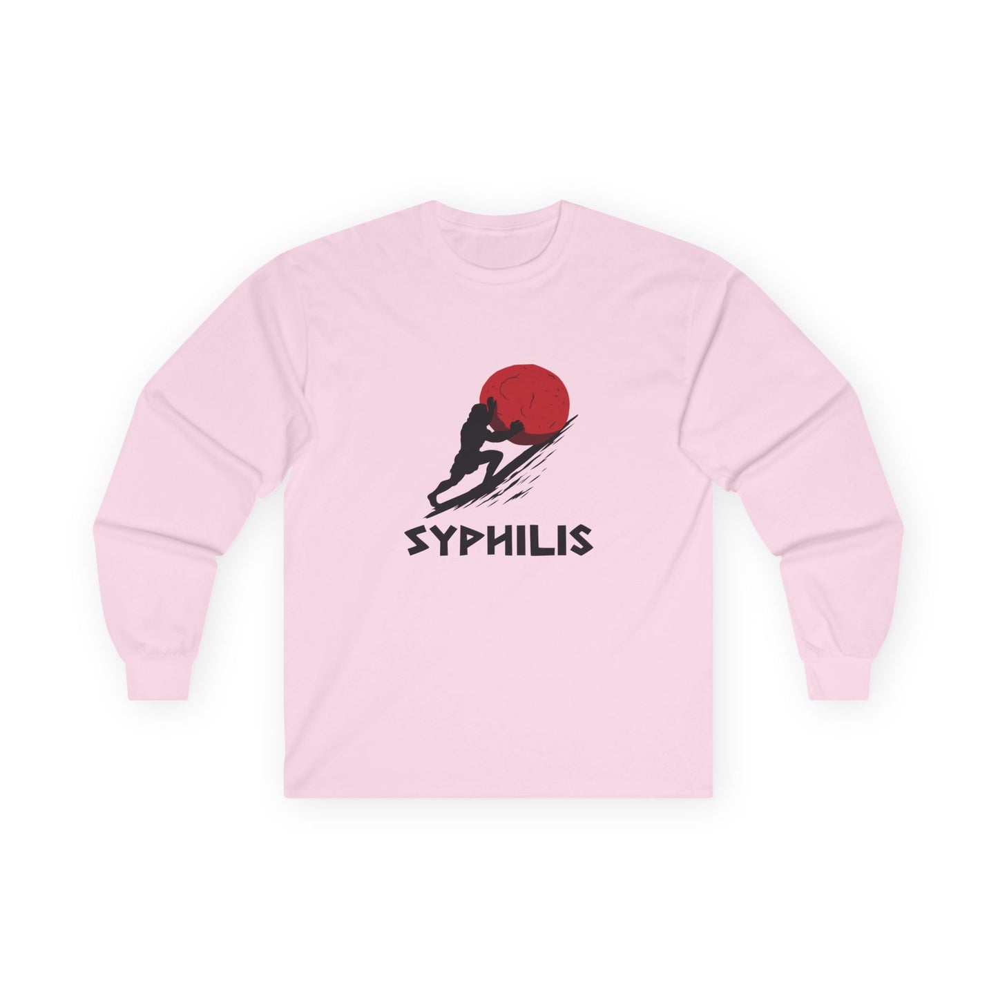 Greek god Sisyphus pushing a large rock up a steep hill in bold flat colors, minimalist vector art, humorous interpretation titled “Syphilis.”