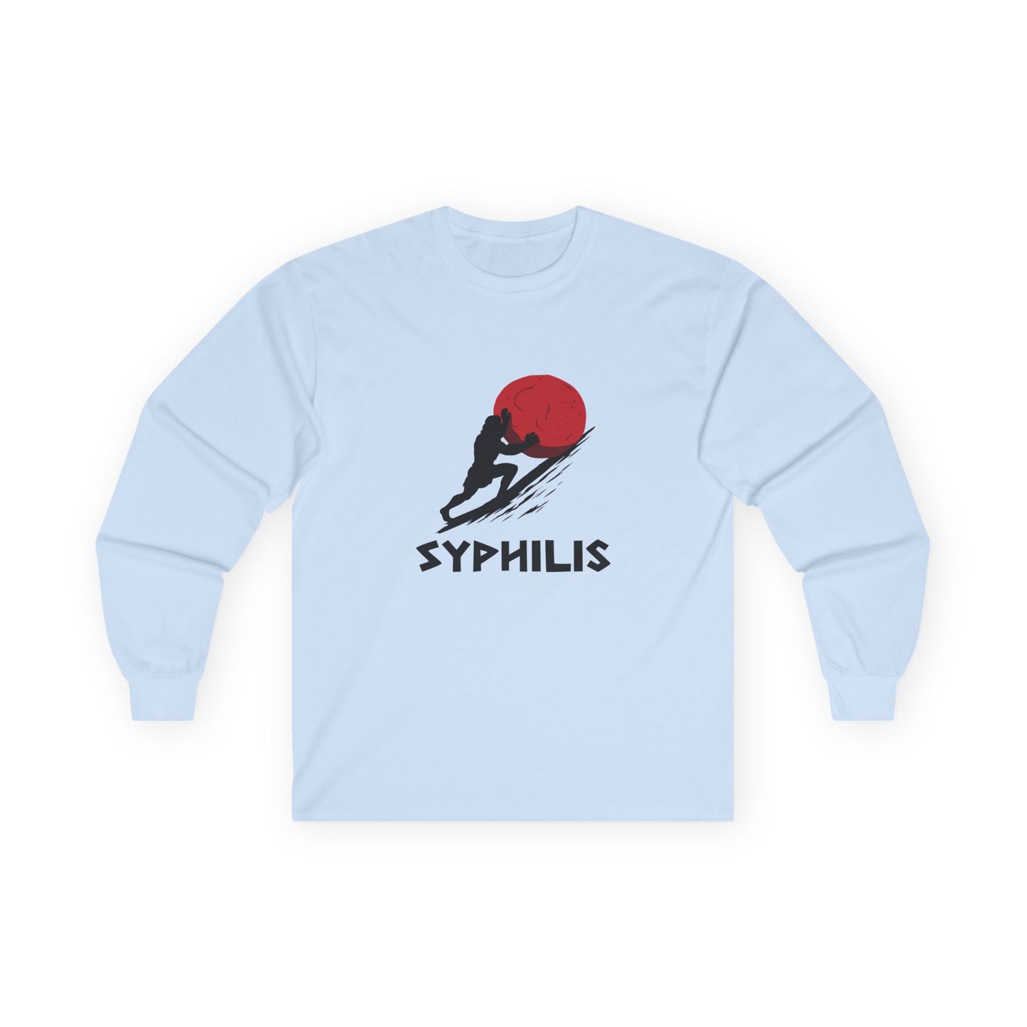 Greek god Sisyphus pushing a large rock up a steep hill in bold flat colors, minimalist vector art, humorous interpretation titled “Syphilis.”