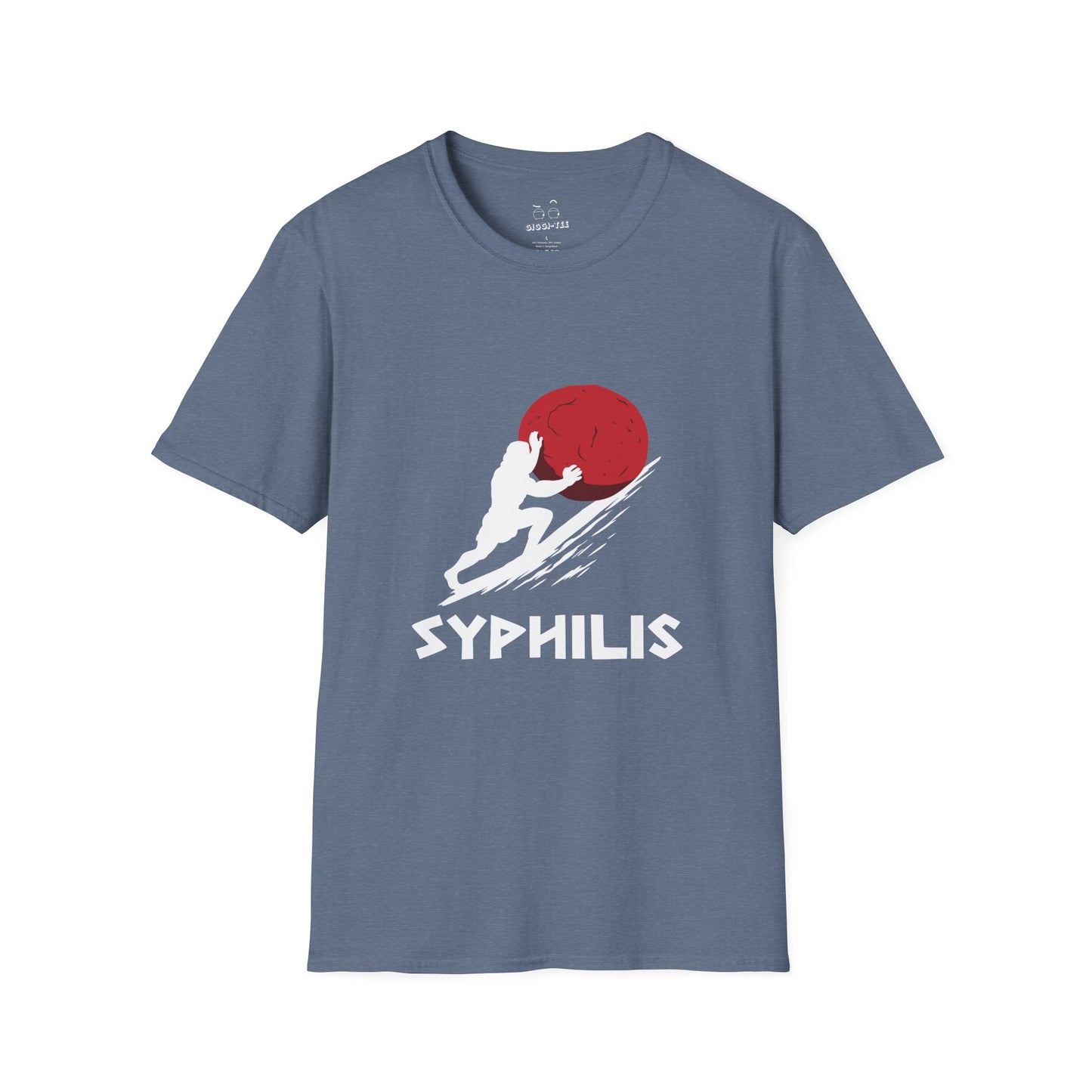 Greek god Sisyphus pushing a large rock up a steep hill in bold flat colors, minimalist vector art, humorous interpretation titled “Syphilis.”
