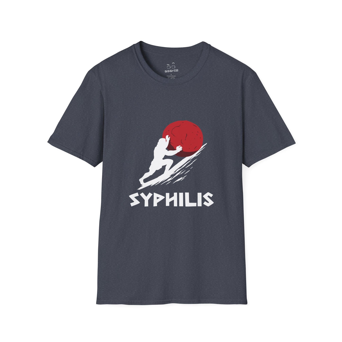 Greek god Sisyphus pushing a large rock up a steep hill in bold flat colors, minimalist vector art, humorous interpretation titled “Syphilis.”