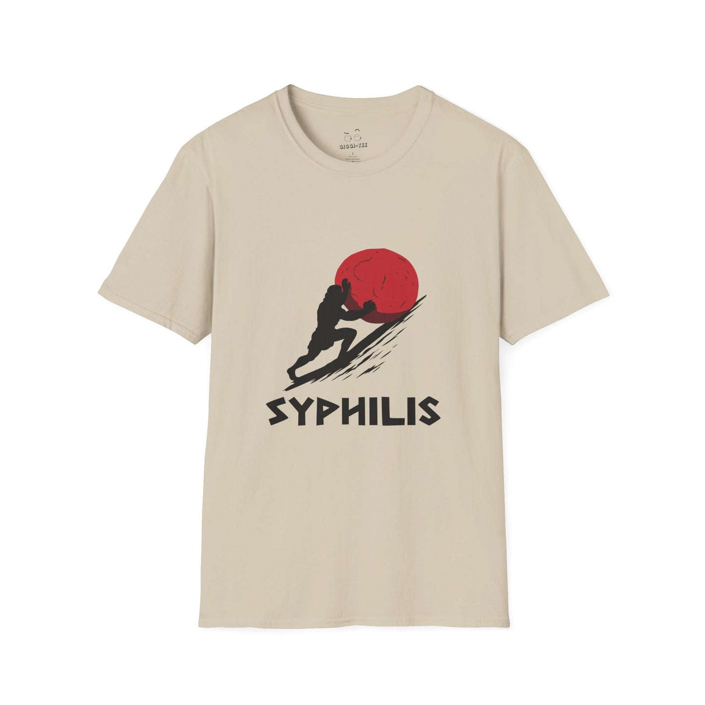 Greek god Sisyphus pushing a large rock up a steep hill in bold flat colors, minimalist vector art, humorous interpretation titled “Syphilis.”