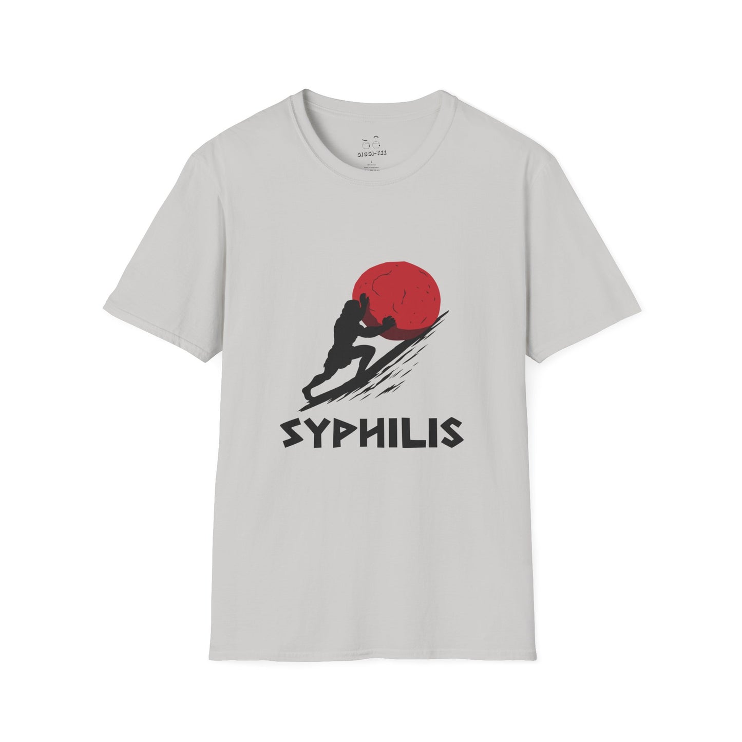 Greek god Sisyphus pushing a large rock up a steep hill in bold flat colors, minimalist vector art, humorous interpretation titled “Syphilis.”