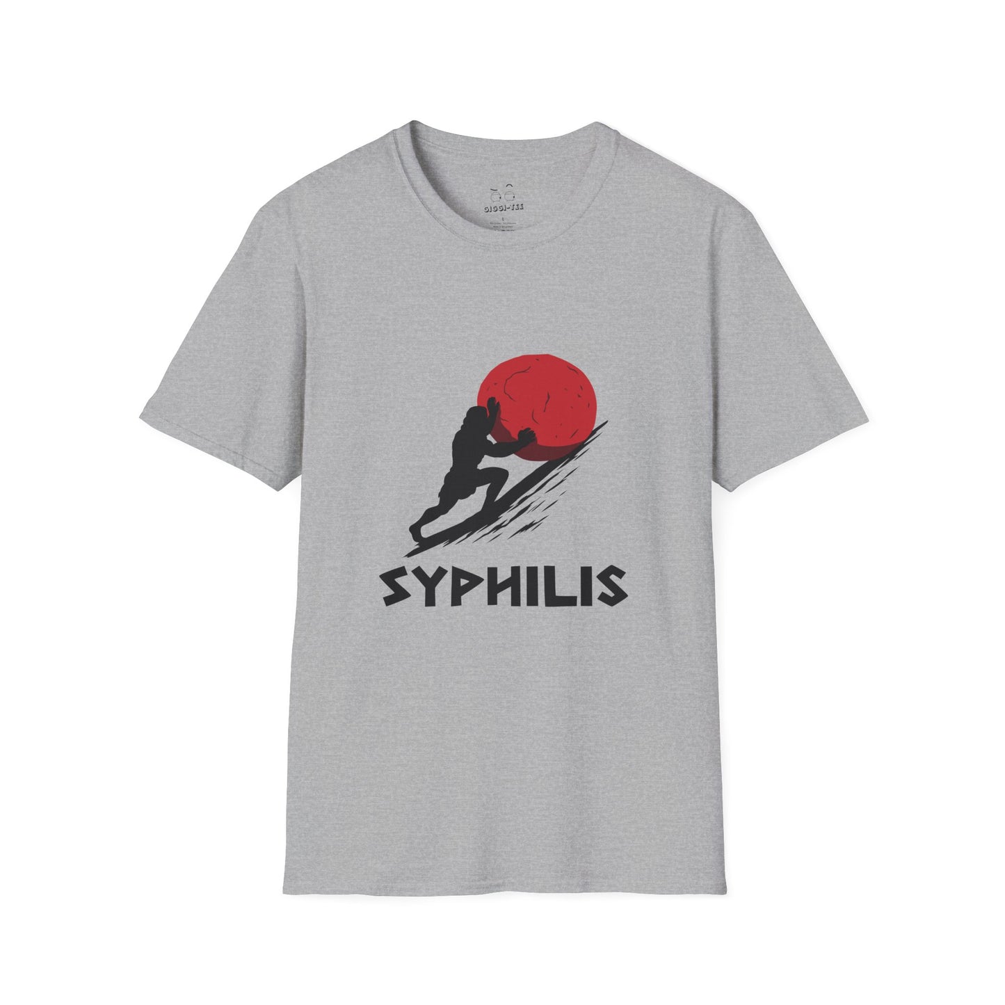 Greek god Sisyphus pushing a large rock up a steep hill in bold flat colors, minimalist vector art, humorous interpretation titled “Syphilis.”