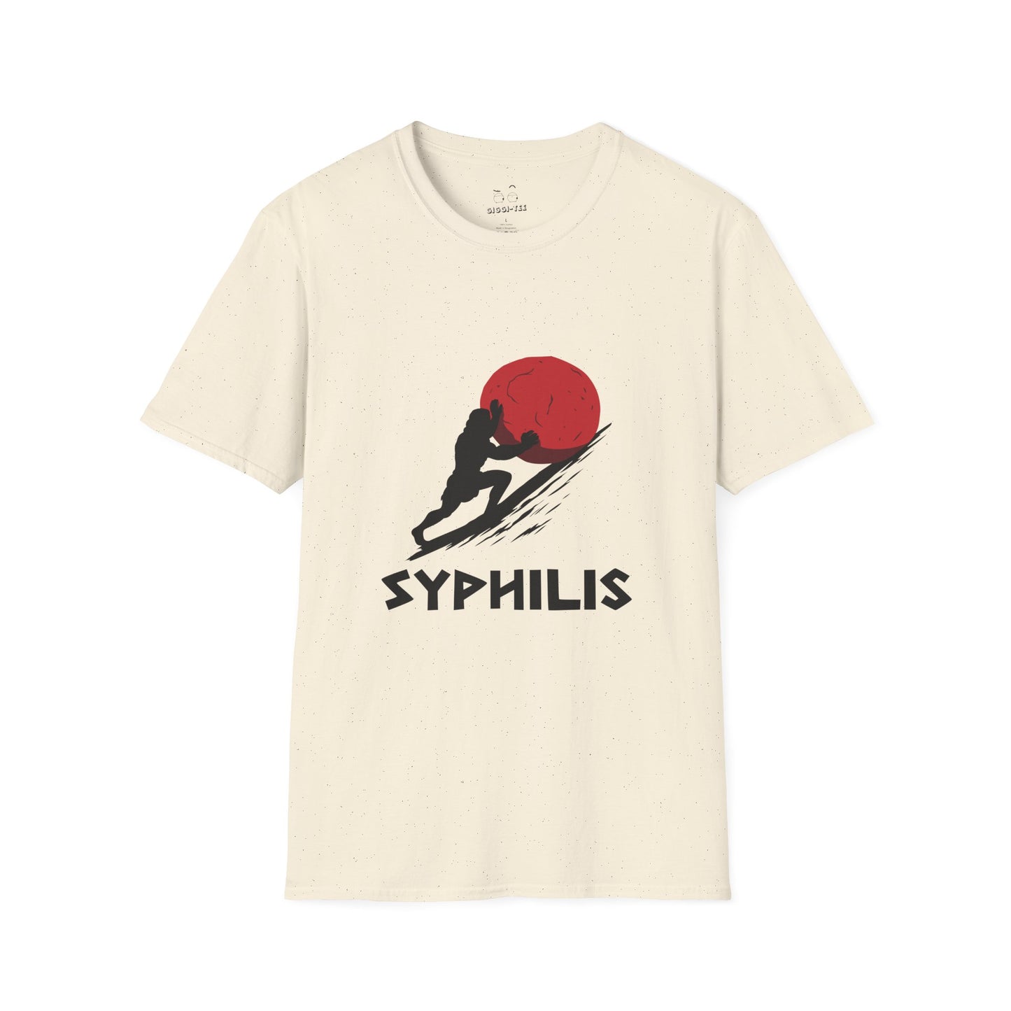Greek god Sisyphus pushing a large rock up a steep hill in bold flat colors, minimalist vector art, humorous interpretation titled “Syphilis.”