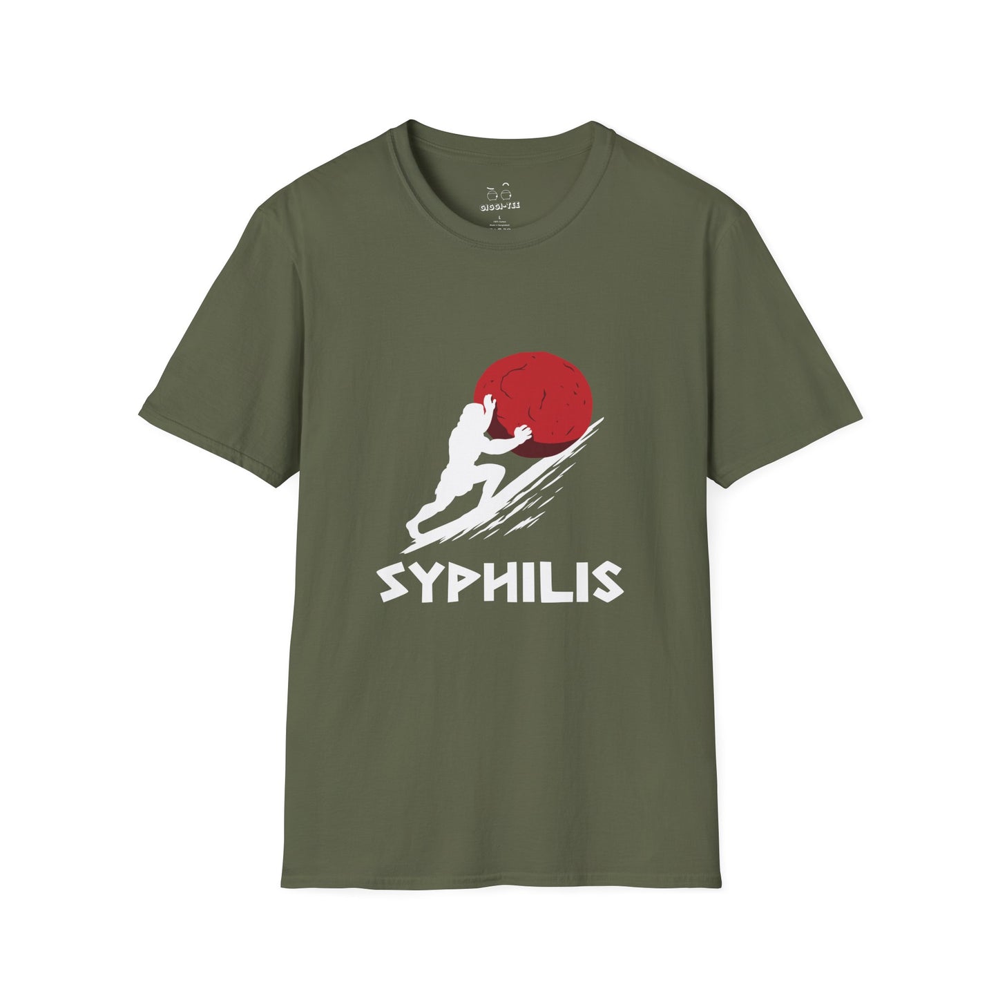 Greek god Sisyphus pushing a large rock up a steep hill in bold flat colors, minimalist vector art, humorous interpretation titled “Syphilis.”