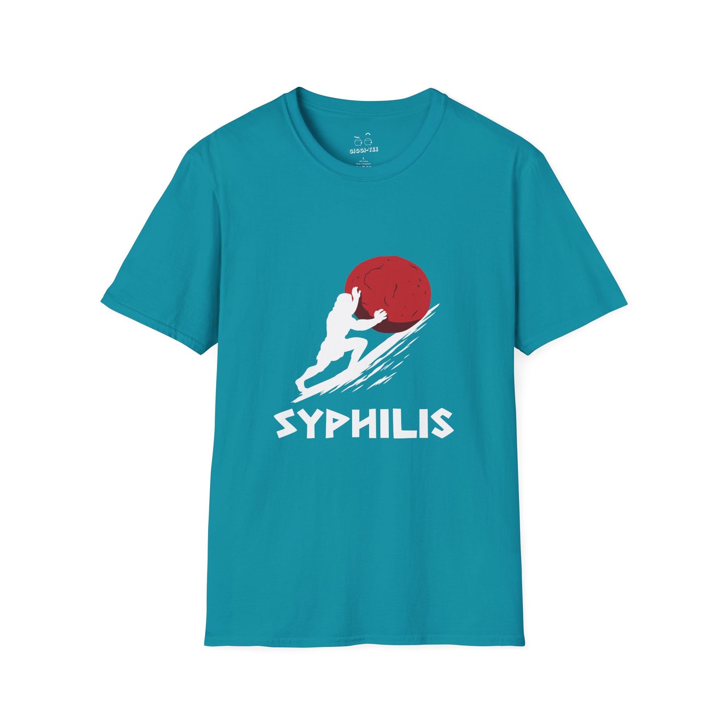 Greek god Sisyphus pushing a large rock up a steep hill in bold flat colors, minimalist vector art, humorous interpretation titled “Syphilis.”