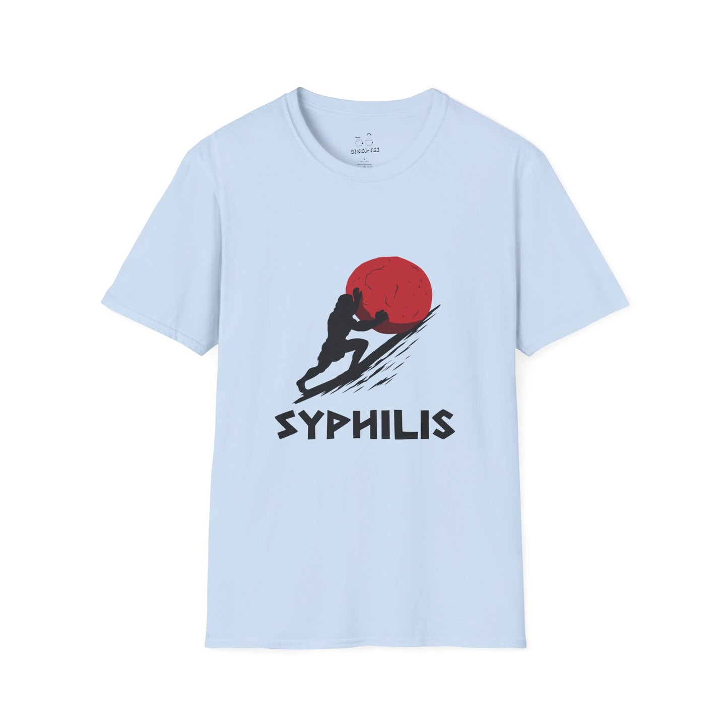 Greek god Sisyphus pushing a large rock up a steep hill in bold flat colors, minimalist vector art, humorous interpretation titled “Syphilis.”