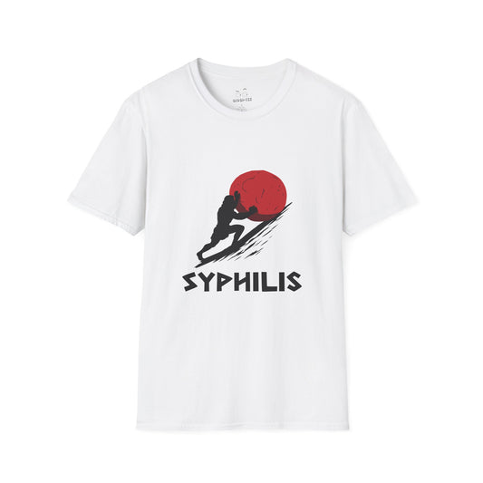 Greek god Sisyphus pushing a large rock up a steep hill in bold flat colors, minimalist vector art, humorous interpretation titled “Syphilis.”